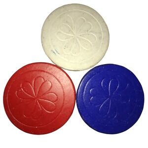 Vintage Clay Poker Chips 24-Red 48-White 24-Blue Embossed‎ Floral Design Set